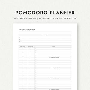 Planificador Pomodoro: Tamaños A4/A5/Carta/Media Carta (Descarga PDF imprimible)
