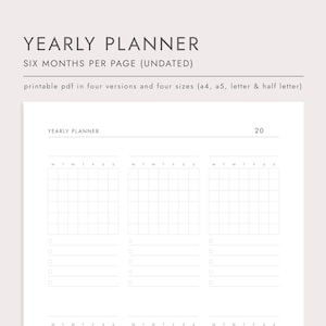 Yearly Planner, PDF Printable Planner, Instant Download, A4/A5/Letter/Half Letter, Annual Planner Overview, Undated, Six Months Per Page
