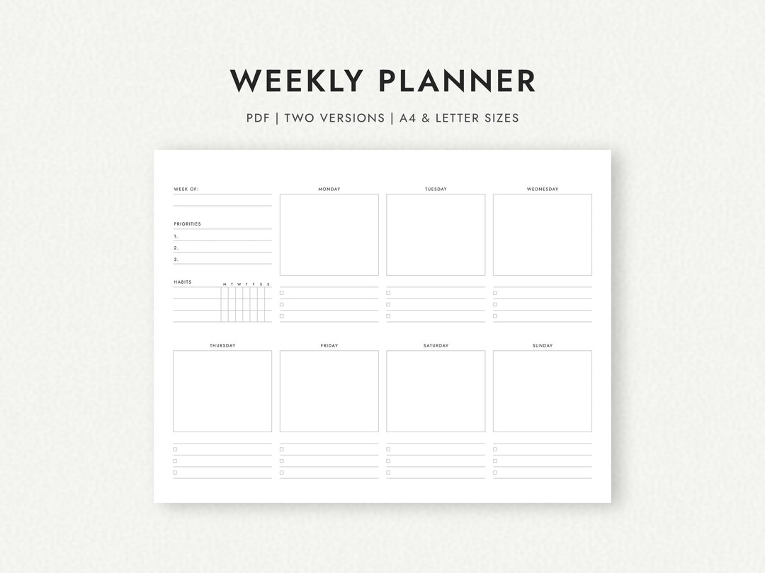 Weekly Planner in Landscape Orientation - A4 & Letter Sizes (printable