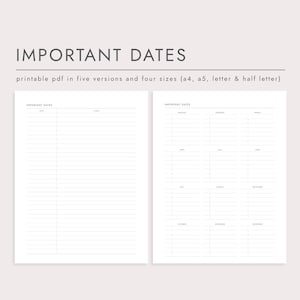 Fechas importantes, Planificador imprimible en PDF, Descarga instantánea, A4/A5/Carta/Media carta, Fechas para recordar, Fechas especiales, Fechas familiares, Anual