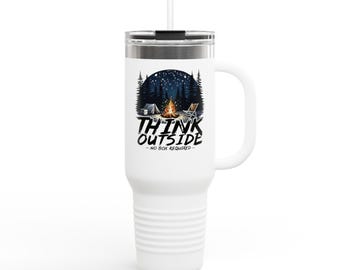 Taza térmica de viaje Think Outside / Taza de café para aventuras al aire libre, vaso térmico para acampar, regalo para excursionistas y amantes de la naturaleza.