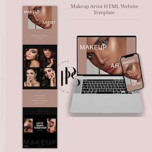 May include: A laptop and smartphone showcase a makeup artist website template. The website design features images of makeup looks, with the words "MAKEUP" and "ARTIST". The colour scheme is predominantly brown and black.