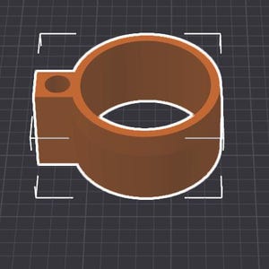 May include: A 3D-rendered, brown, cylindrical object with a smaller, rectangular extension and a circular hole. The object has a white outline and is set against a dark gray grid background.