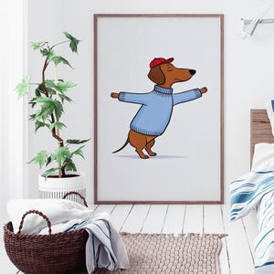Dachshund Funny Illustration Meditative Dog Art Blue Sweater Dog Print Baseball Cap Wall Art Relaxed Dog Poster Calm Dog Cartoon Zen Decor