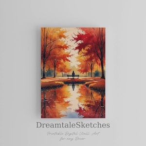 Autumn Nature Lover Wall Decor Tranquil Fall Scene Digital Art Printable Autumn Landscape Calm Reflection Watercolor Living Room Nature Art