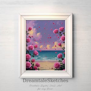 Feminine Coastal Rose Decor Printable Beach Wall Art Pink Ocean View Digital Rose Art Scene Pastel Seaside Bedroom Floral Landscape Download