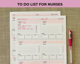 May include: A stack of pink-bordered "TO DO LIST FOR NURSES" sheets with handwritten notes and check boxes. A red pen rests on the right. The top of the image reads "TO DO LIST FOR NURSES".