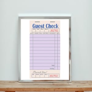May include: A vintage-style guest check with a light purple background and a white border. The check has a blue header that reads "Guest Check" and a red number "302702". The check has lines for listing items and a section for tax and total. The bottom of the check has a white section with the words "Thank You!" and the number "302702".