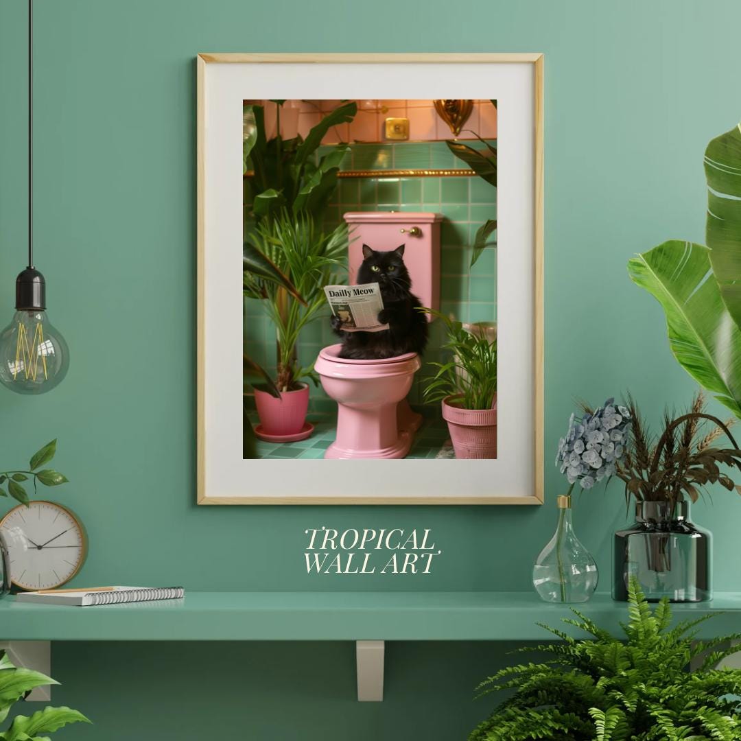 Funny Black Cat Bathroom Poster - Tropical Vintage Wall Art - Printable ...