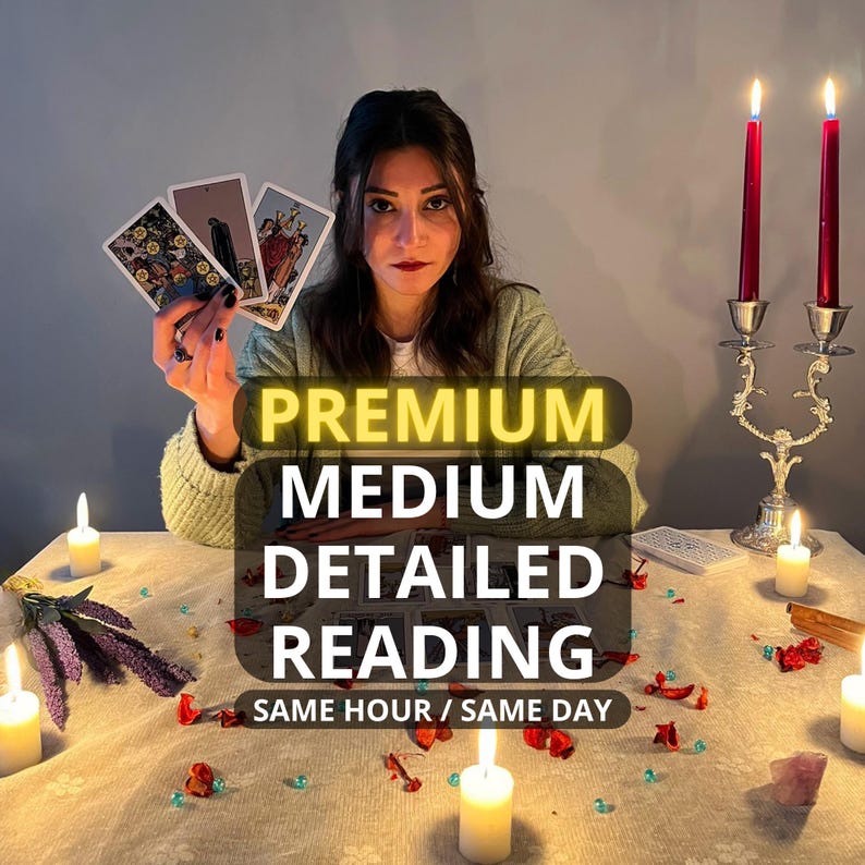 May include: A tarot reading service featuring a person holding three tarot cards, surrounded by lit white candles, a silver candelabra with two red candles, and scattered dried flower petals. Text reads: PREMIUM MEDIUM DETAILED READING SAME HOUR / SAME DAY.