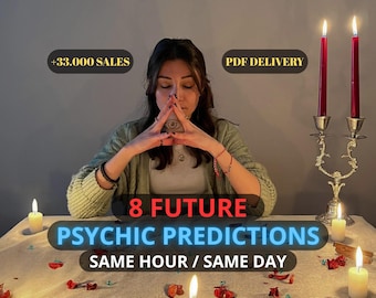 Peut inclure: Image d'une femme les mains jointes, avec le texte "8 Future Psychic Predictions, Same Hour/Same Day." La scène comprend des bougies allumées et des éléments décoratifs sur une table.