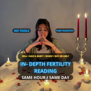 Puede incluir: Imagen que promociona una lectura de fertilidad en profundidad. El texto dice "SIN HERRAMIENTAS", "TELEPATÍA PURA", "¿TENDRÉ UN BEBÉ? / ¿CUÁNDO? / ¿NIÑO O NIÑA?", "LECTURA DE FERTILIDAD PROFUNDA" y "MISMA HORA / MISMO DÍA". La imagen incluye velas y una persona.
