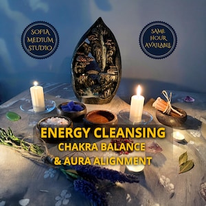 May include: An arrangement for energy cleansing and chakra balance. The image features a decorative waterfall incense burner, candles, small bowls with crystals and herbs, and the text "ENERGY CLEANSING CHAKRA BALANCE & AURA ALIGNMENT."
