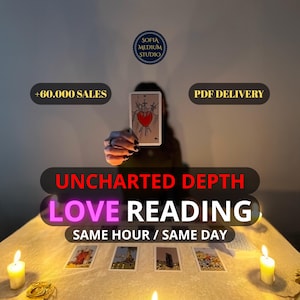 May include: A tarot card featuring a red heart pierced by three swords held up in the centre. Text reads: SOFIA MEDIUM STUDIO, +60.000 SALES, PDF DELIVERY, UNCHARTED DEPTH LOVE READING, SAME HOUR / SAME DAY. Four tarot cards lie on a table with lit candles.