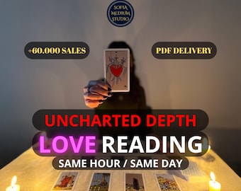 May include: A tarot card featuring a red heart pierced by three swords held up in the center. Text reads: SOFIA MEDIUM STUDIO, +60.000 SALES, PDF DELIVERY, UNCHARTED DEPTH LOVE READING, SAME HOUR / SAME DAY. Four tarot cards lie on a table with lit candles.