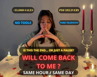 May include: A person with hands pressed together in front of their face, surrounded by lit candles and scattered petals. Text overlays include +33.000 SALES, PDF DELIVERY, NO TOOLS, PURE TELEPATHY, IS THIS THE END... OR JUST A PAUSE?, WILL COME BACK TO ME ?, SAME HOUR / SAME DAY.