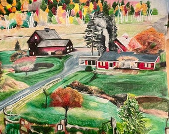 Puede incluir: Una pintura colorida de un paisaje rural con una granja, edificios rojos y negros, una carretera sinuosa y un vibrante bosque otoñal en el fondo. La obra de arte utiliza una variedad de colores, incluyendo verde, rojo, amarillo y marrón.