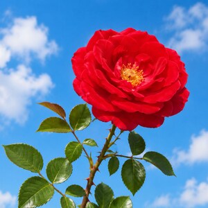 May include: A vibrant red rose flower with multiple layers of soft petals and a bright yellow center. The flower is attached to a green stem featuring sharp thorns and several serrated, deep green leaves extending outward from the main stalk.