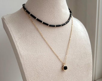 Layered Black Choker and Gold Chain Necklace – Dainty Minimalist Jewelry Gift for Her