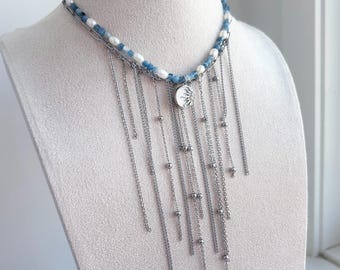 Statement Layered Necklaces Set of 2, Aquamarine Pearl Necklace, Waterfall Chain Necklace, Bib Collar Long Fringe, Sun Pendant, Gemstone