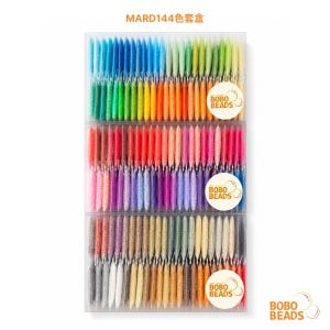 May include: A set of three clear plastic storage boxes containing numerous small, colorful beads organized by hue. Each box features a circular white label with the text BOBO BEADS. The top text reads MARD144. The beads span a full spectrum of colors.