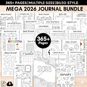 May include: A Mega 2026 Journal Bundle with 365+ pages in a Bujo style. The journal includes multiple sizes and various trackers such as a book tracker, sleep tracker, and mood tracker. The journal also includes a packing list, wish list, and a savings jar.
