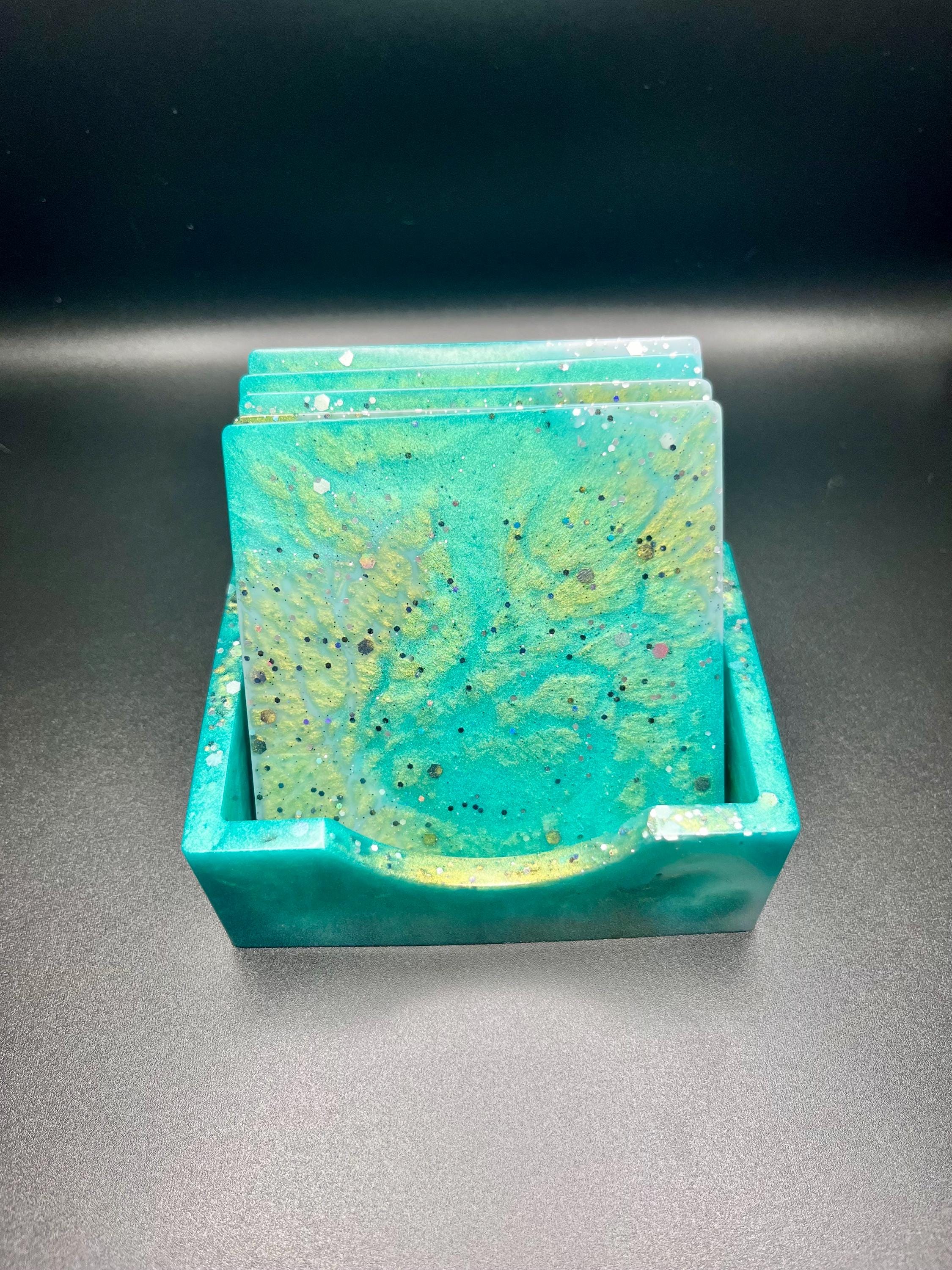 Ocean Mist Resin Coaster Set – Turquoise Teal Splash with Holder (Set of 5)