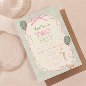 Two Silly Goose Birthday Invitation Template, Editable Girl 2nd Birthday Pink Printable Invite, Goose Second Birthday, 2nd Birthday Invite