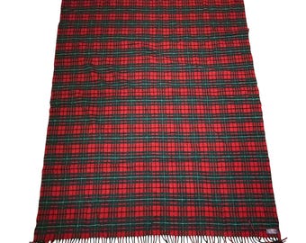 Coperta in lana scozzese vintage Pendleton con frange rosse e verdi, 100% lana vergine