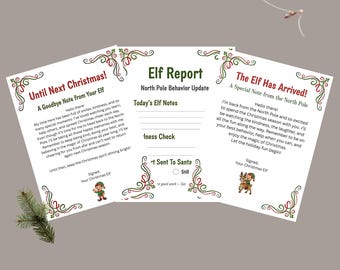 May include: A bundle of three Christmas-themed letters with decorative borders and text. The letters include messages from an elf, an elf report, and a special note. The words "ELF LETTER BUNDLE" and "THREE MAGICAL LETTERS" are also visible.