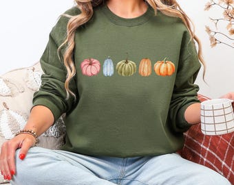 Sweater met aquarelpompoen, grillige herfstronde hals, gezellige boerderijtrui