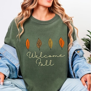 Comfort Colors® Autumn Leaves T-shirt, Hand-drawn Fall Welcome Graphic Top