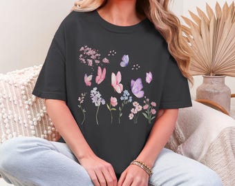 Watercolor Butterfly Flower T-shirt, Nature Garden Botanical Top