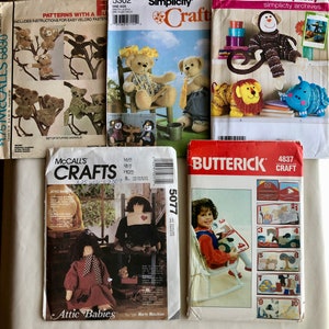 May include: Five different craft patterns for making stuffed animals, dolls, and a play mat. The patterns are from Simplicity, McCall's, and Butterick.