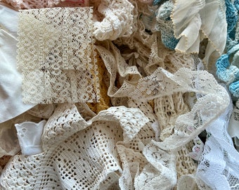 Lace Grab Bag, Vintage Lace, Destash Lace, Ruffled Lace Trim, Flat Lace Trim, Floral Lace, Lace Bundle, Doll Lace Trim, Sewing Lace Trim