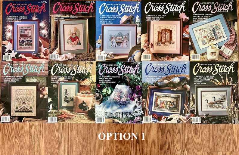 May include: Ten issues of "For the Love of Cross Stitch" magazine, featuring a variety of cross stitch patterns and projects. The covers feature a mix of traditional and modern designs.