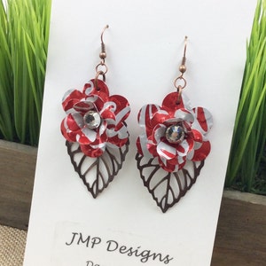 Mini Red Rose and Leaf Earrings.  Recycled Soda Can Art.  Coca Cola