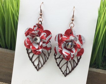 Mini Red Rose and Leaf Earrings.  Recycled Soda Can Art.  Coca Cola