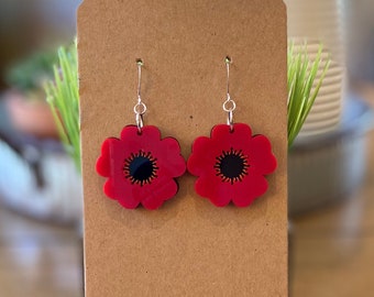 Red Poppy Remembrance Acrylic Earrings.  Laser Cut.  Shop Name: jillmccp