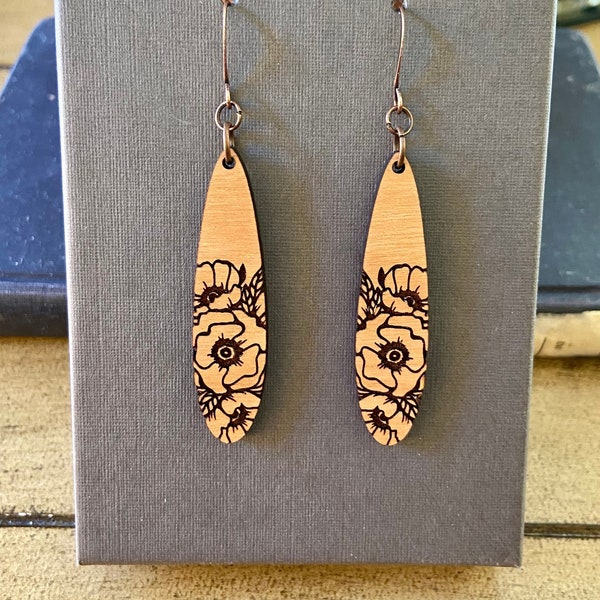 Poppy Flowers Teardrop Earrings.  Engraved.  Shop Name: jillmccp. JMP Designs