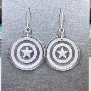 Captain America Earrings.  Laser Cut.  Clear Acrylic.  Shop Name:  Jillmccp Captain America Earrings.