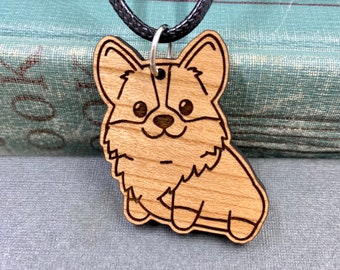 Corgi Cherry Wood Necklace.  Laser Cut.  Dog Puppy.  Shop Name: Jillmccp