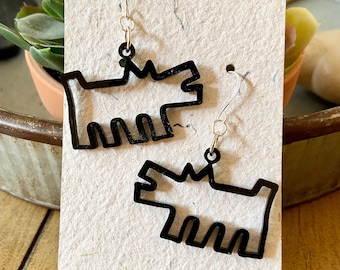 Graffiti Dog Keith Haring Earrings.  Laser Cut Black Acrylic.  Modern Art Style.  Shop Name: Jillmccp