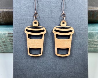 To Go Latte Earrings.  Cherrywood Laser Cut.  Coffee Cup. Shop Name: Jillmccp