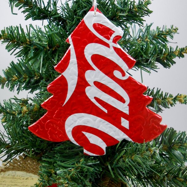 DOUBLE-sided Christmas Tree Ornament.  Recycled Soda Pop Can Art. Coco Cola Red