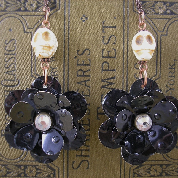 Recycled Soda Can Art.  Blooming Black Rose w/ Sugar Skull.  DOUBLE-sided Earrings. ODE to Alexander McQueen