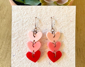 Be My Valentine Heart Earrings.  3 Hearts.  Laser Cut Acrylic. Shop: Jillmccp