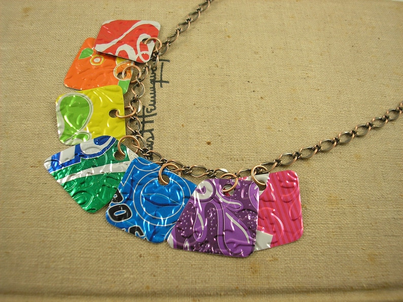 7 Pieces of 8 Necklace. DOUBLE-sided and Embossed. Recycled Soda Can Art. RAINBOW image 5