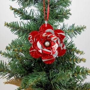 Coca Cola Flower Christmas Ornament.  Recycled Soda Pop Can Art.  Double sided.  Shop Name: Jillmccp