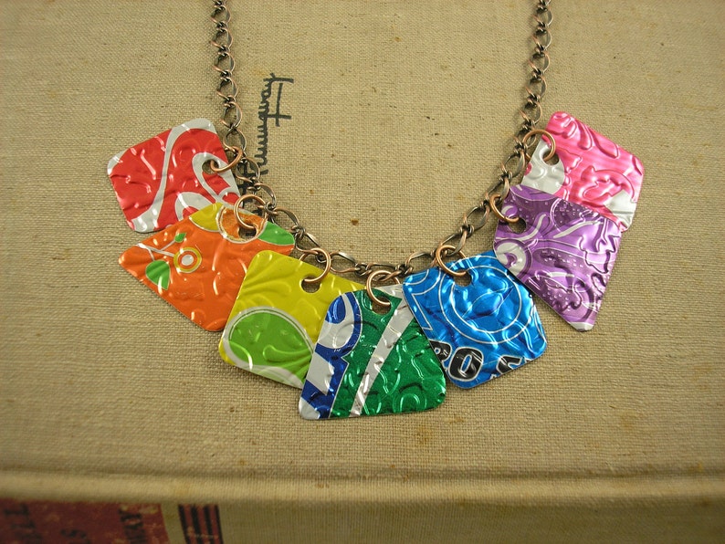 7 Pieces of 8 Necklace. DOUBLE-sided and Embossed. Recycled Soda Can Art. RAINBOW image 2
